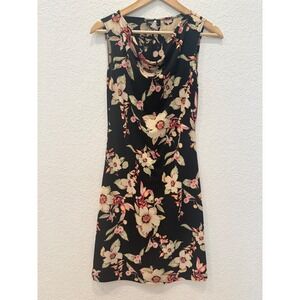 Y2K Womens Black Tropical Floral Cowl Neck Sheath Dress Small Vacation Hawaiian